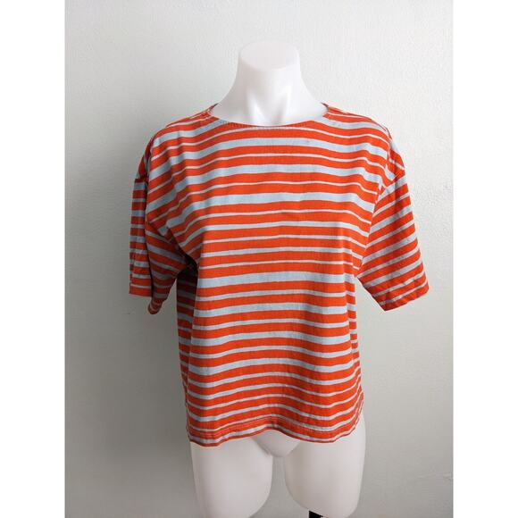 Marimekko Uniqlo Sz Small Crew Neck Tee T Shirt Orange Blue Stripe Half Sleeves - Picture 2 of 16